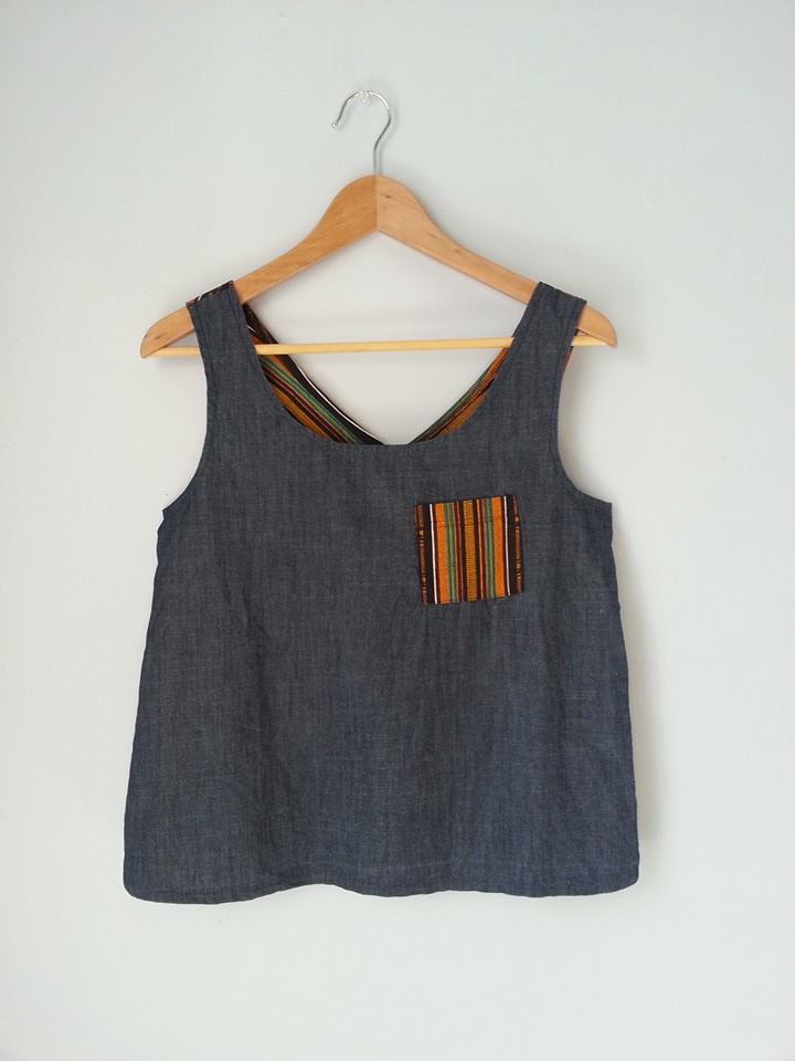 Ghana Print Criss Cross Top, Chambray Blue Front With Pocket, Wax Print ...